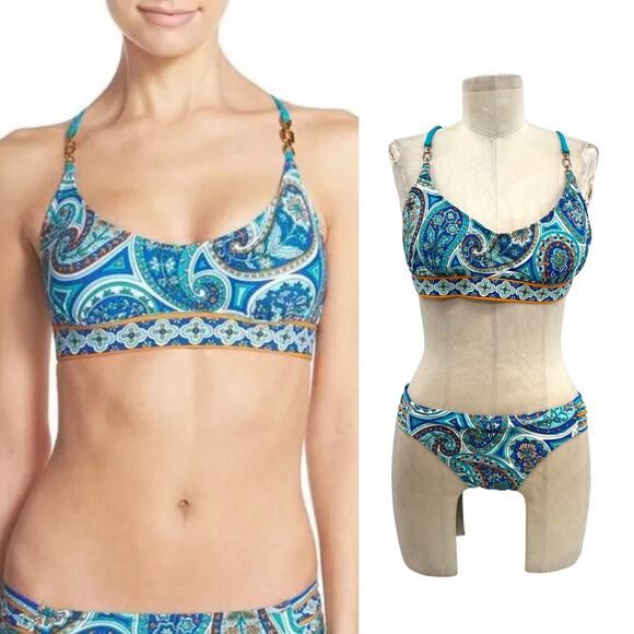 Trina Turk Bikini Set Provence Paisley Cross Back Swimsuit Bikini Bottom Size 12 - Picture 1 of 13